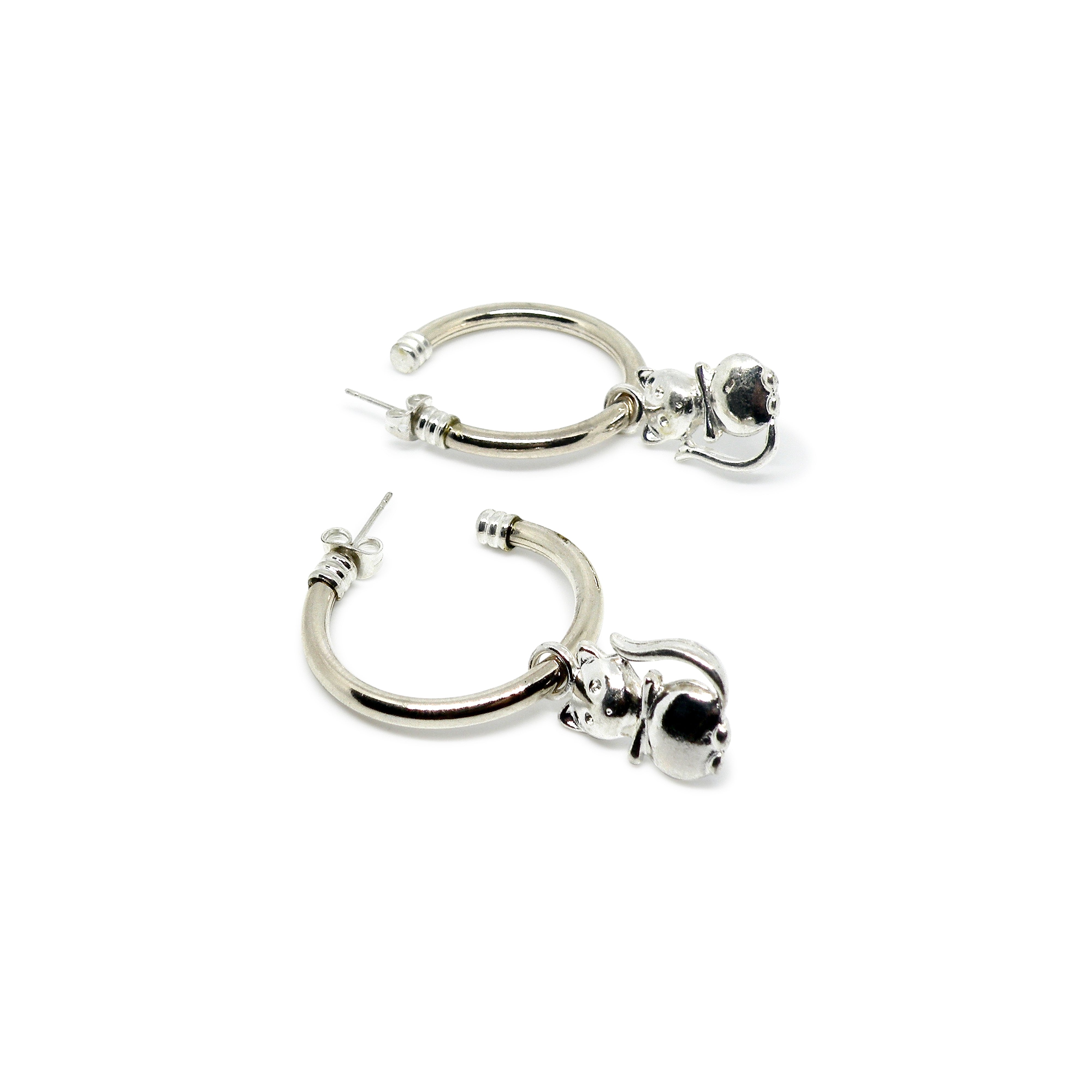 Sølv Øreringe ørestikkere Chunky Hoop Med Kat For Et Messing - Ørestikkere  - 05740034051184